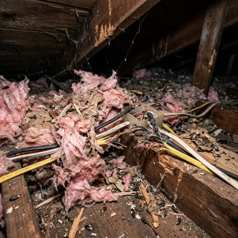 Contaminated ceiling insulation being assessed in a Bell Post Hill roof space
